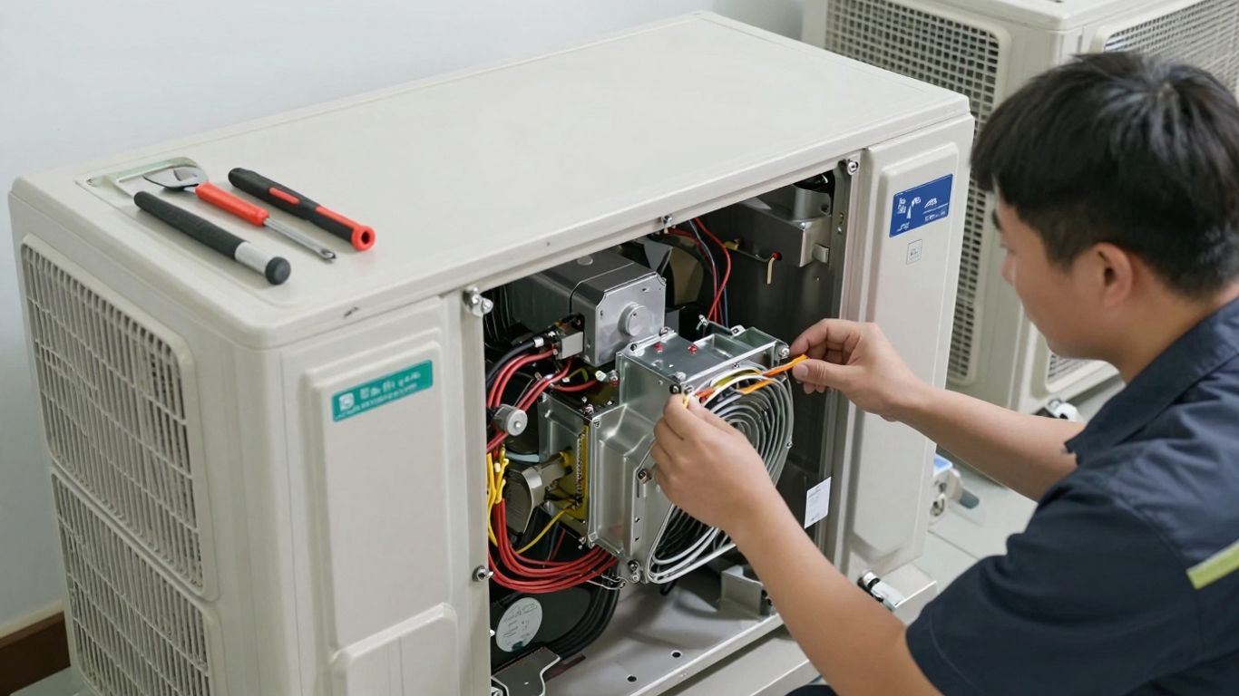 Techniker inspiziert Klimaanlage mit Werkzeugen