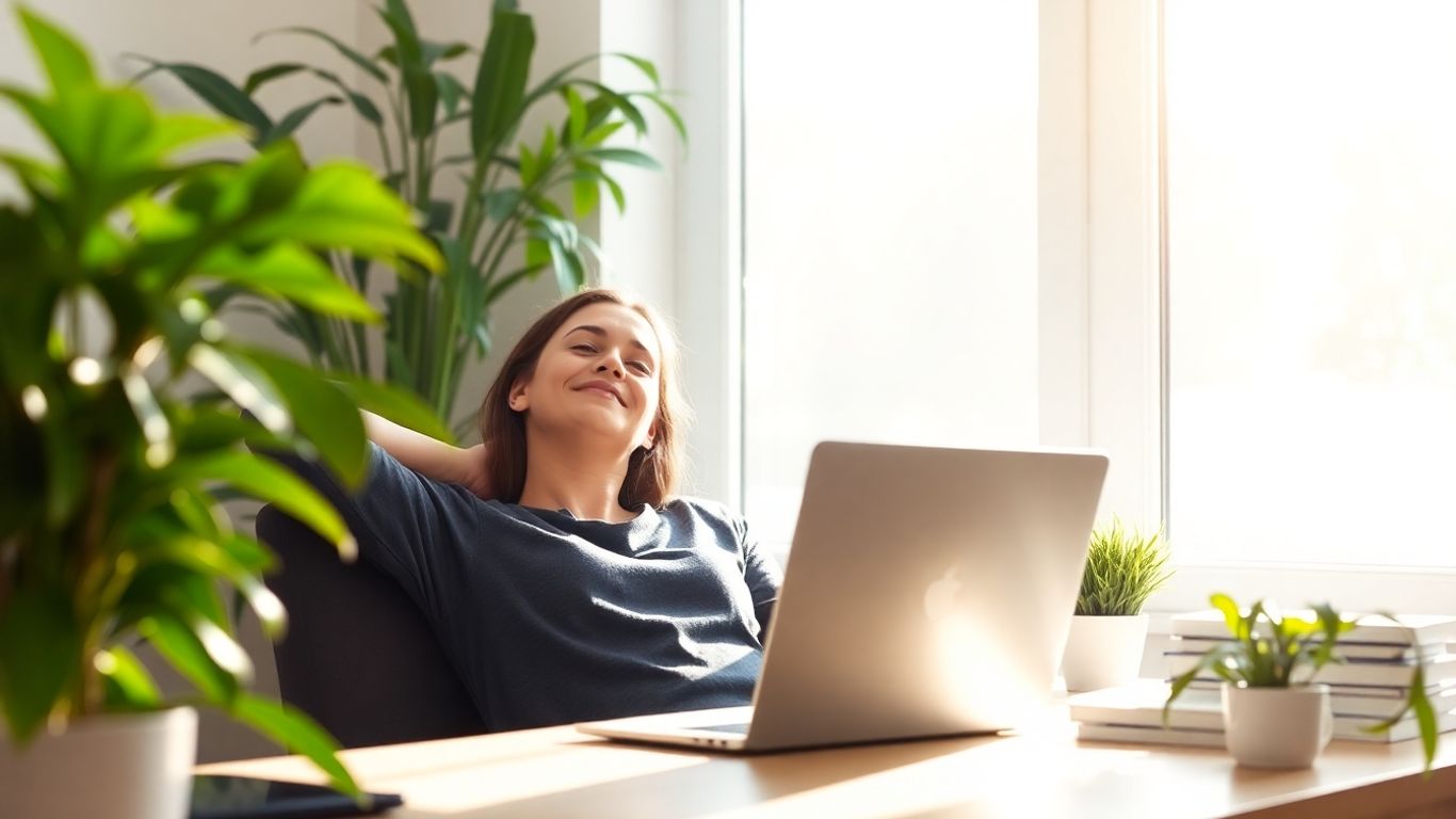 Person working remotely, looking calm and content.