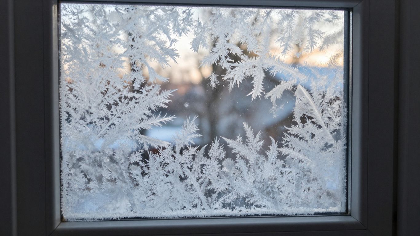 Frosty window pane with sunlight