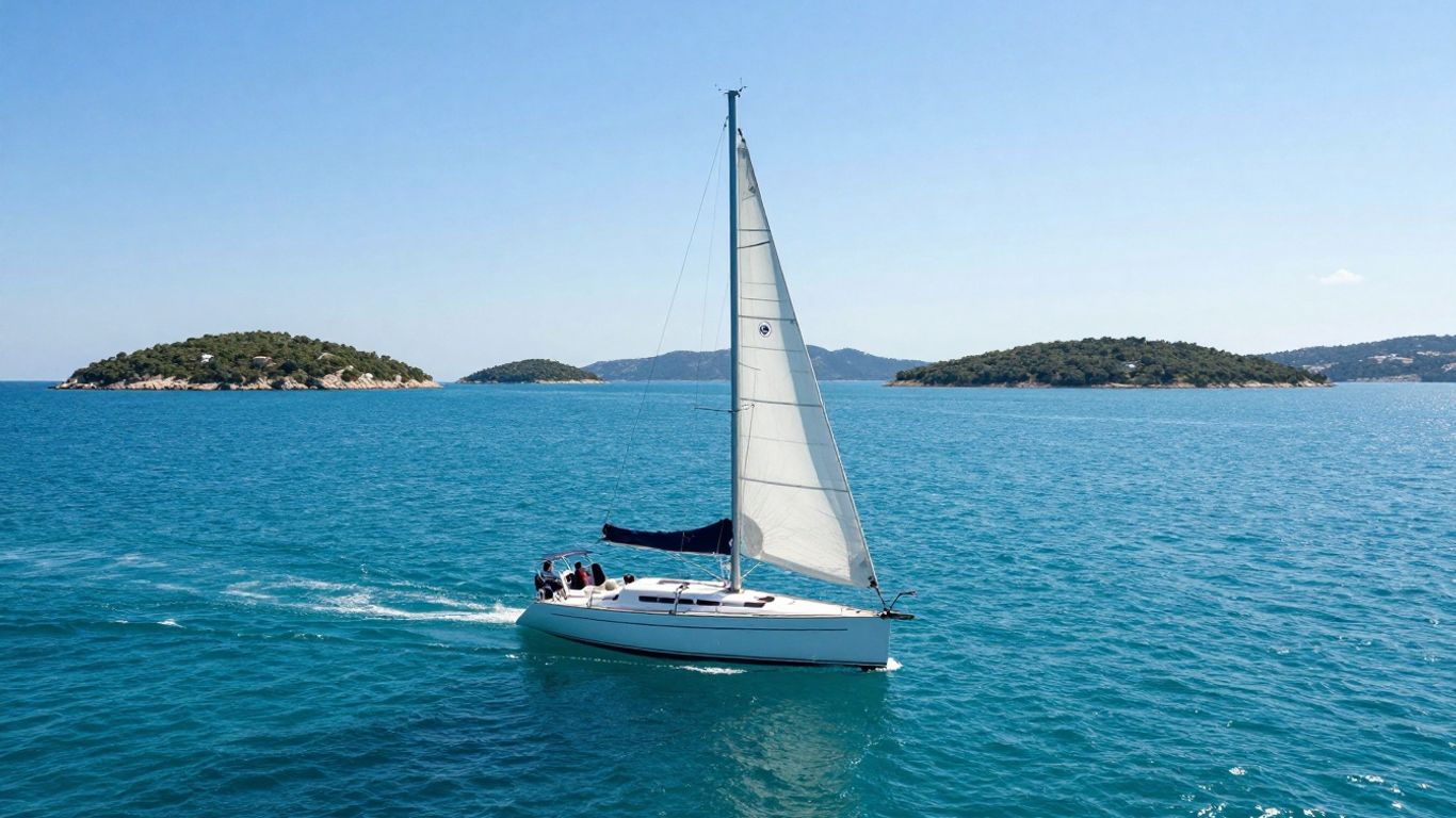 Sailboat on clear Adriatic Sea near Croatian islands.