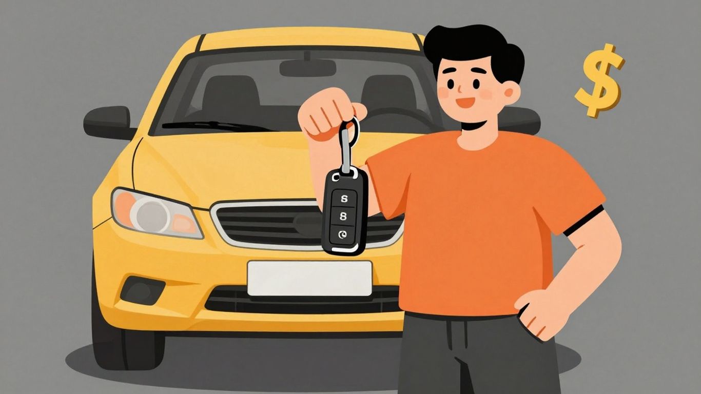Cartoon person with car keys and money symbol.