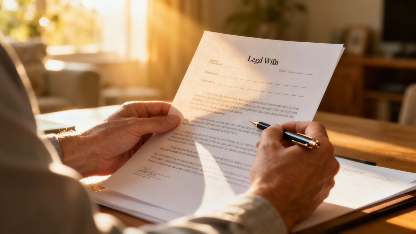 Person holding a legal will document with a pen.
