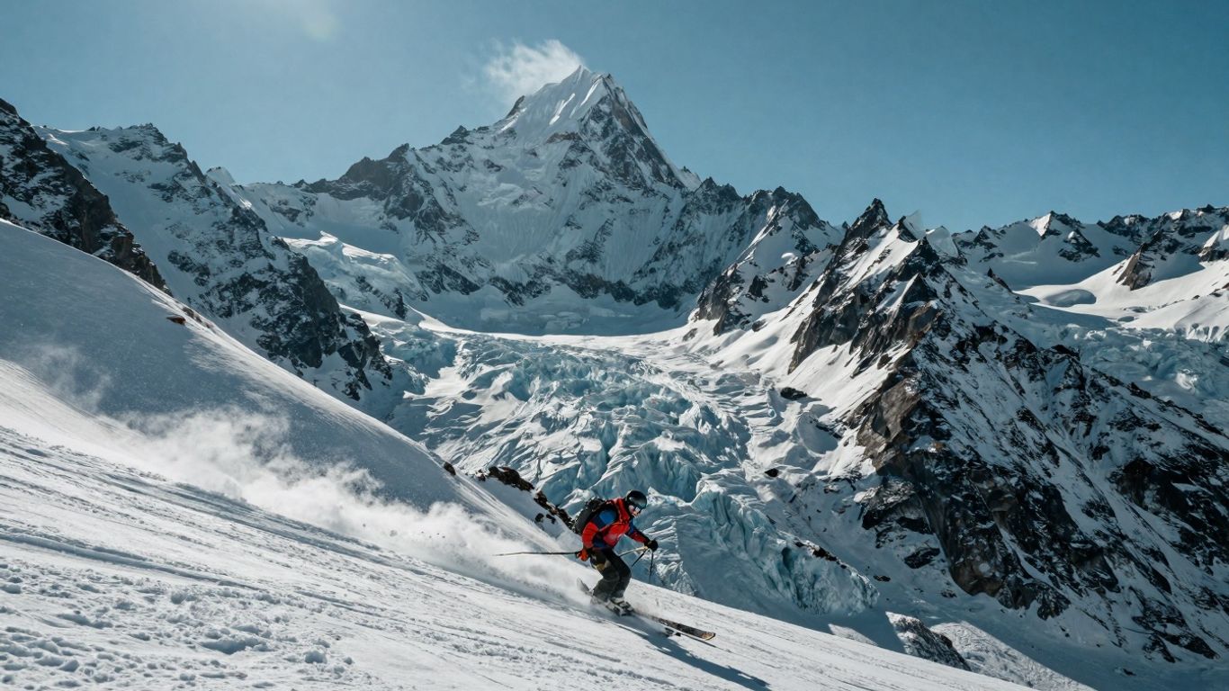 Snowy mountain peak above glacier with skier on slope.