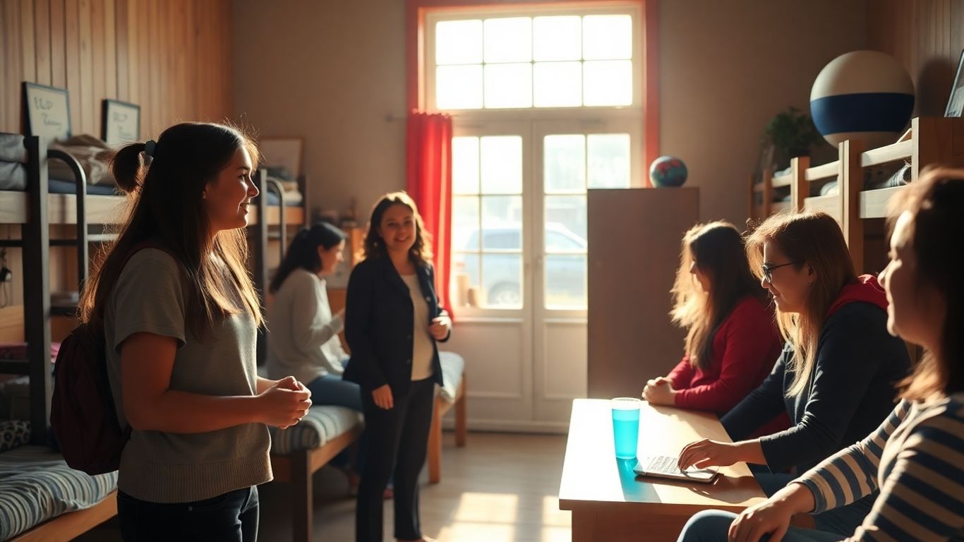 Hostel common room with people interacting positively.