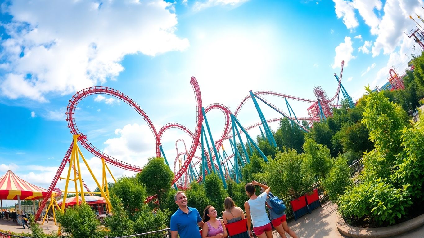 Park rozrywki Legendia z kolejkami górskimi i atrakcjami.