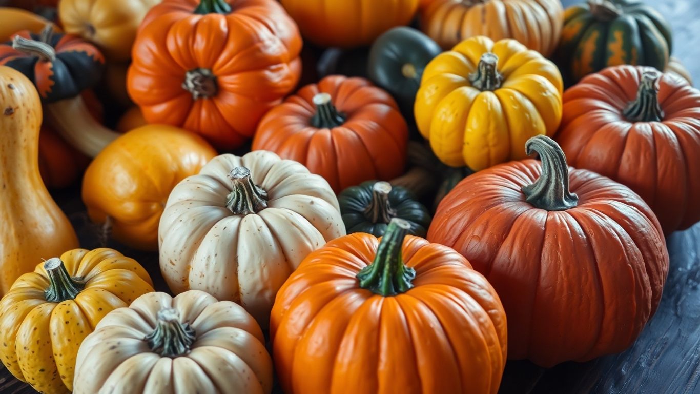 Kürbisse und andere Herbstgemüse auf einem Holztisch.