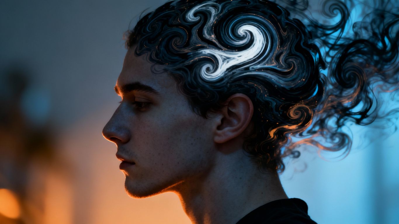 Person's head with swirling thoughts inside.