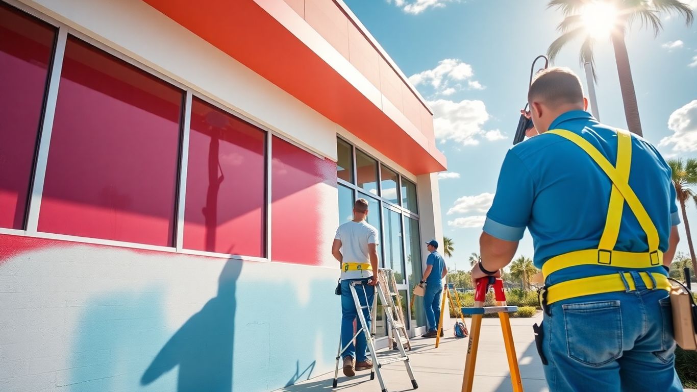 Orlando commercial painters working on building exterior.