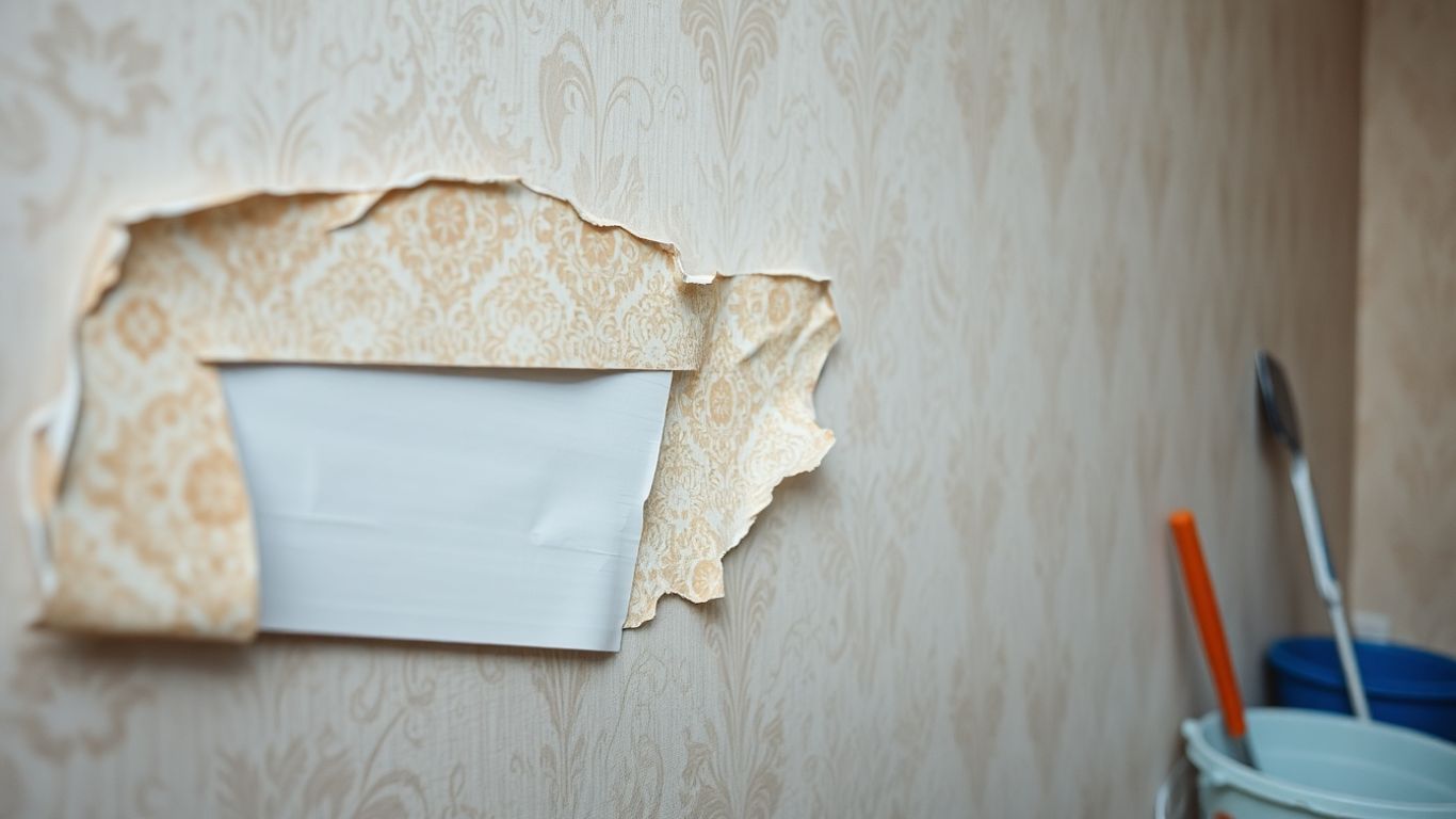 Peeling wallpaper revealing a smooth wall surface.