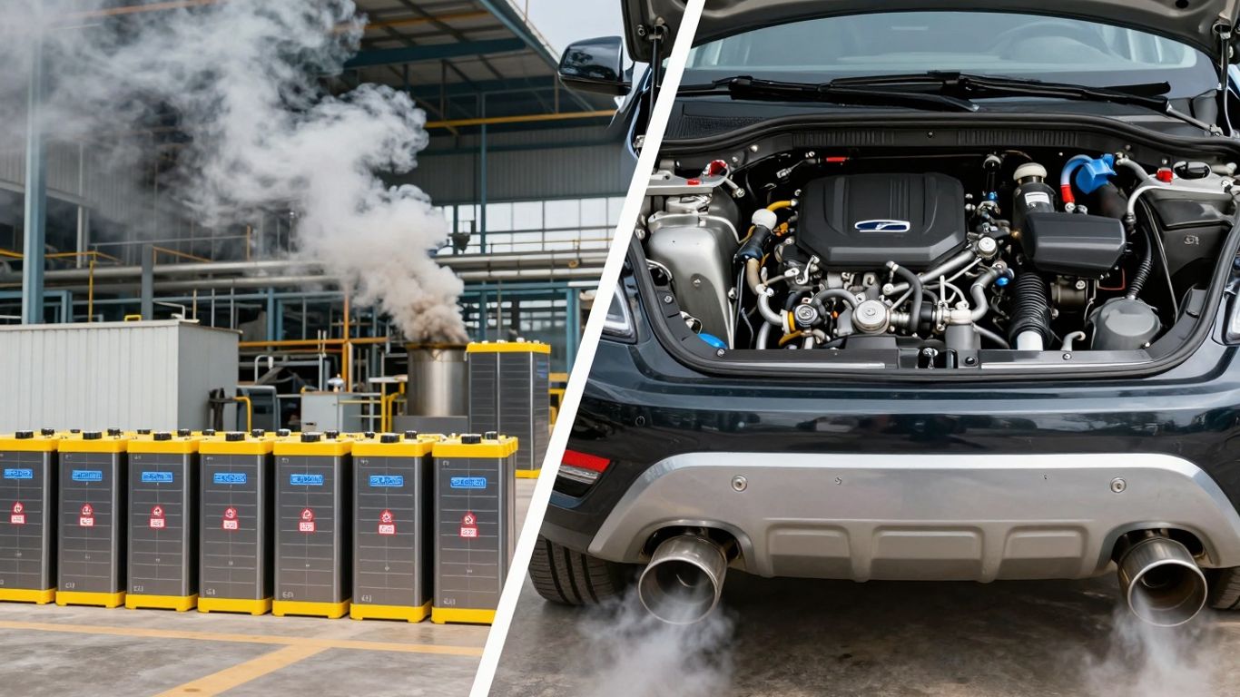 EV batteries and ICE car engine comparison image.