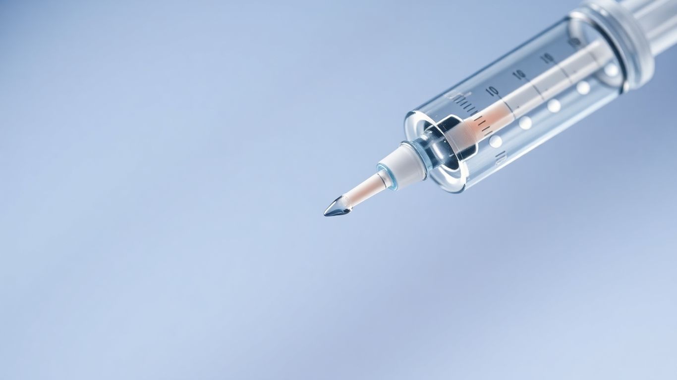 Seringue médicale avec une goutte tombant, sur fond flou.