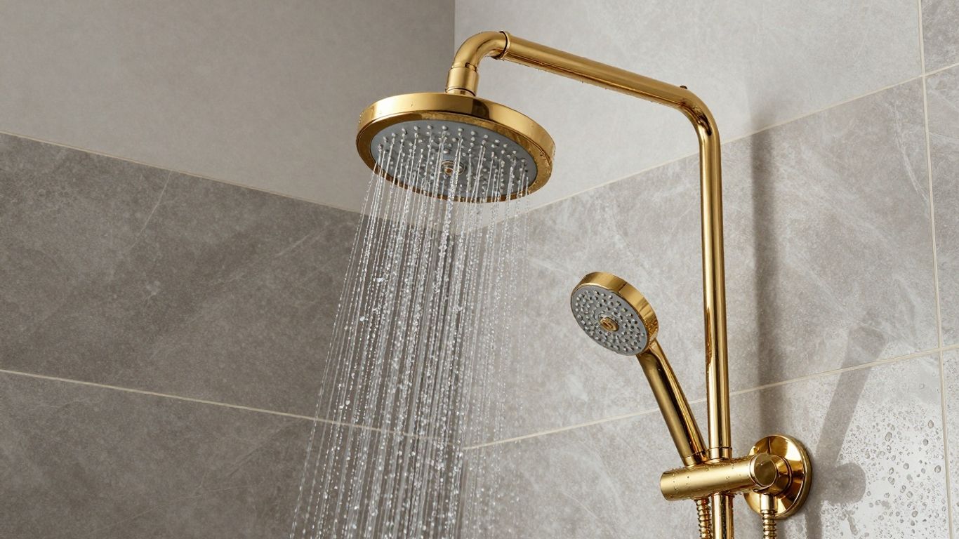 Elegant gold shower set in a modern bathroom.