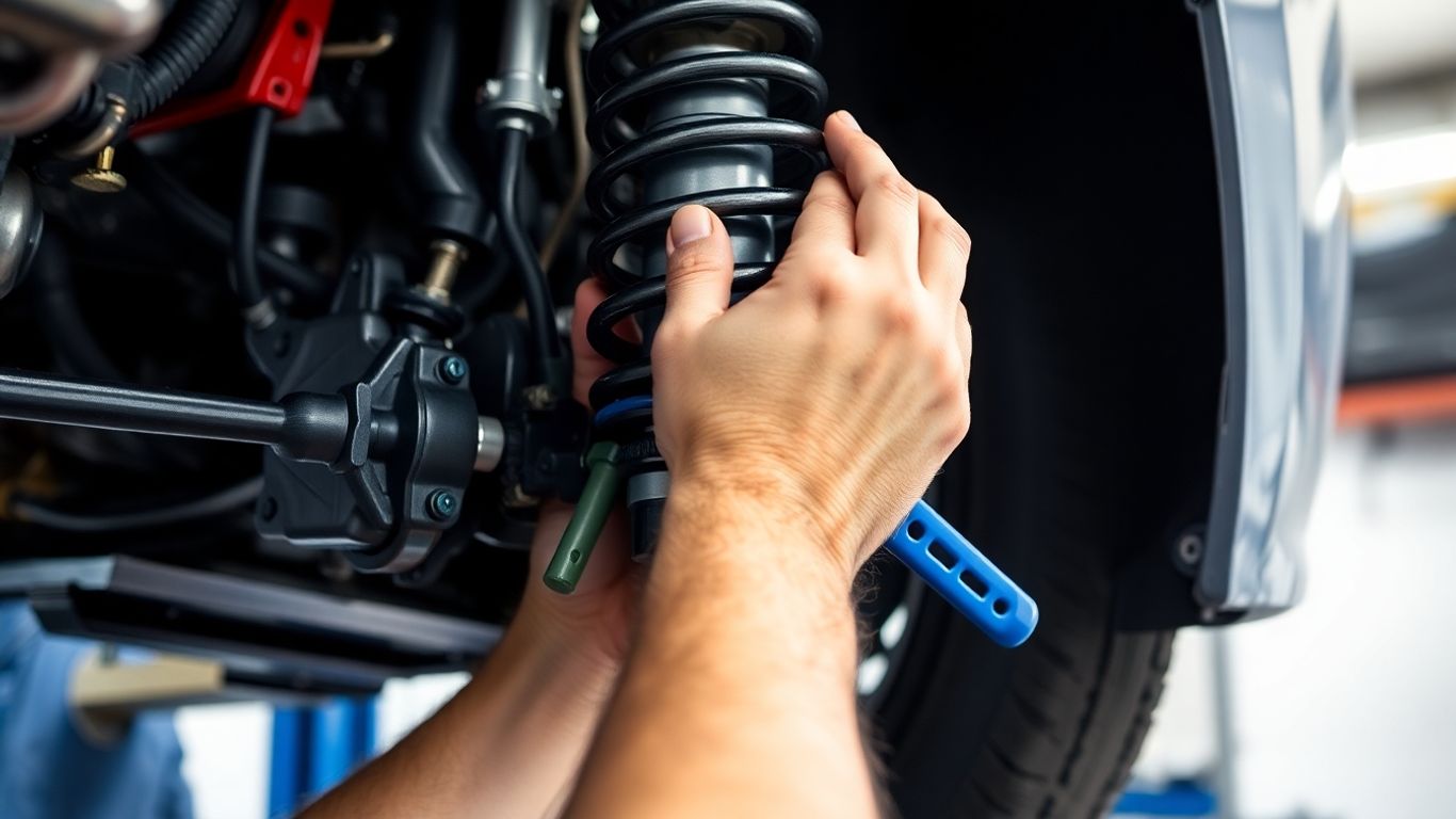 Mechanic adjusting Subaru suspension components seasonally.