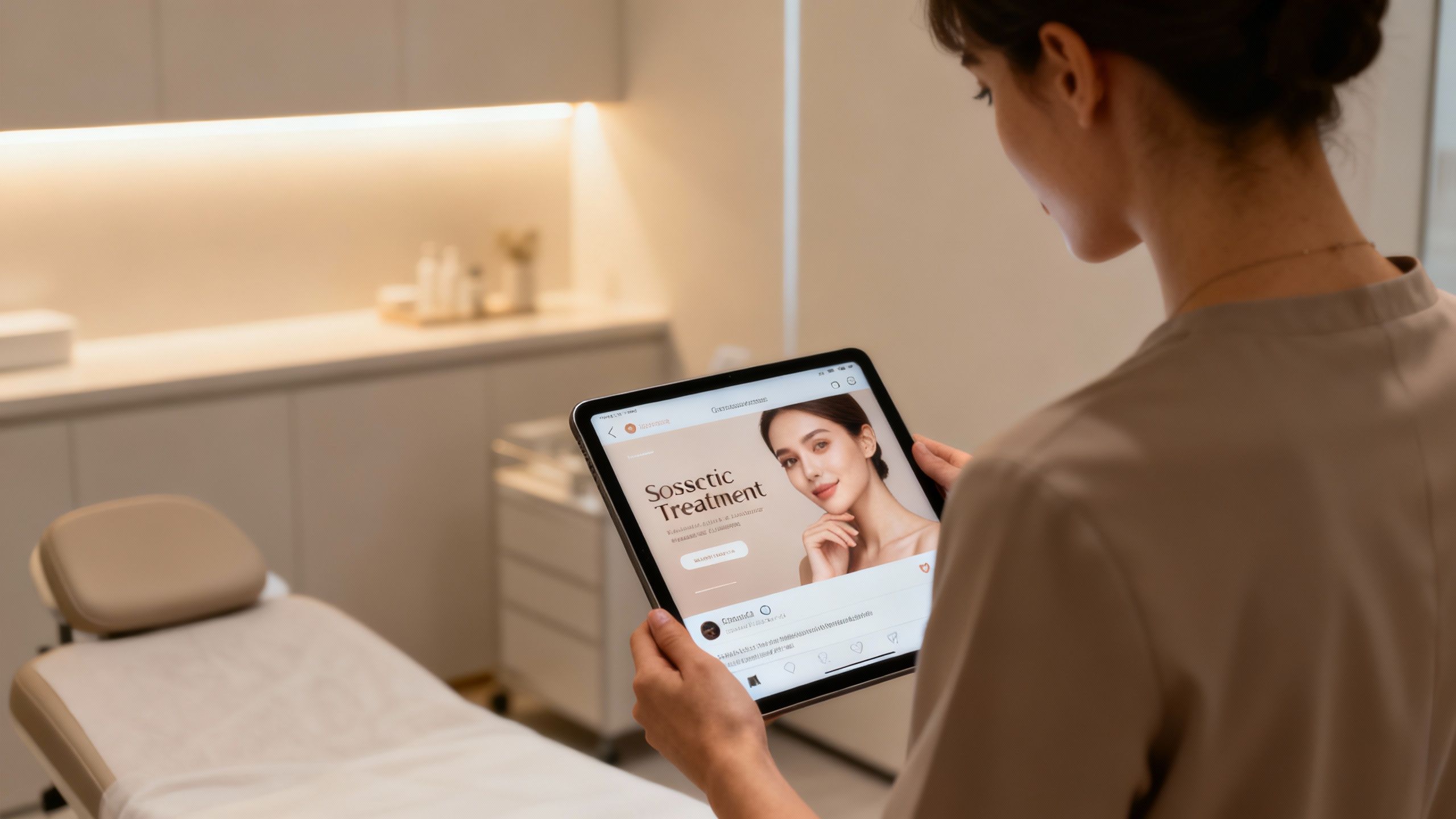 Aesthetic clinic advertisement on a tablet screen.