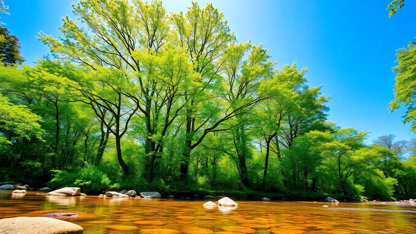 Pădure verde sub cerul albastru cu un pârâu curgând.