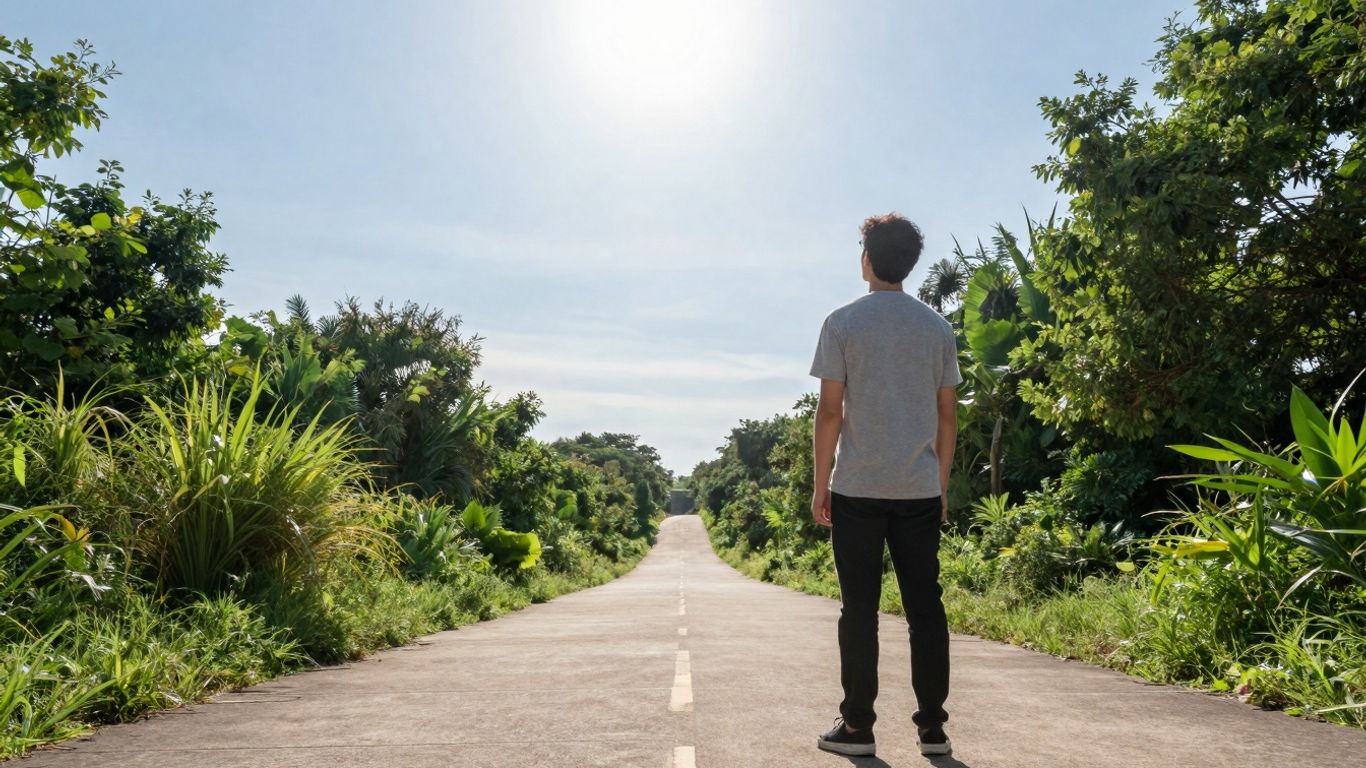 Person looking at a bright path towards a sunny future.