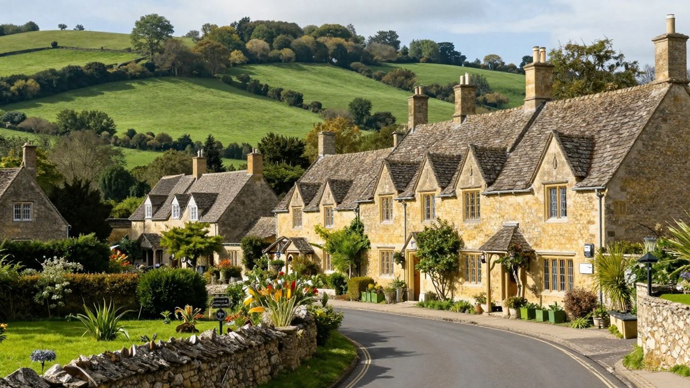 Schilderachtig dorp in de Cotswolds met stenen huisjes en groene heuvels.