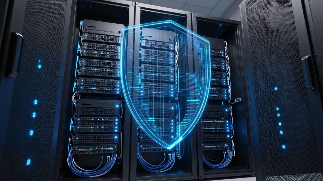 Servidores seguros con escudo digital protegiendo datos.