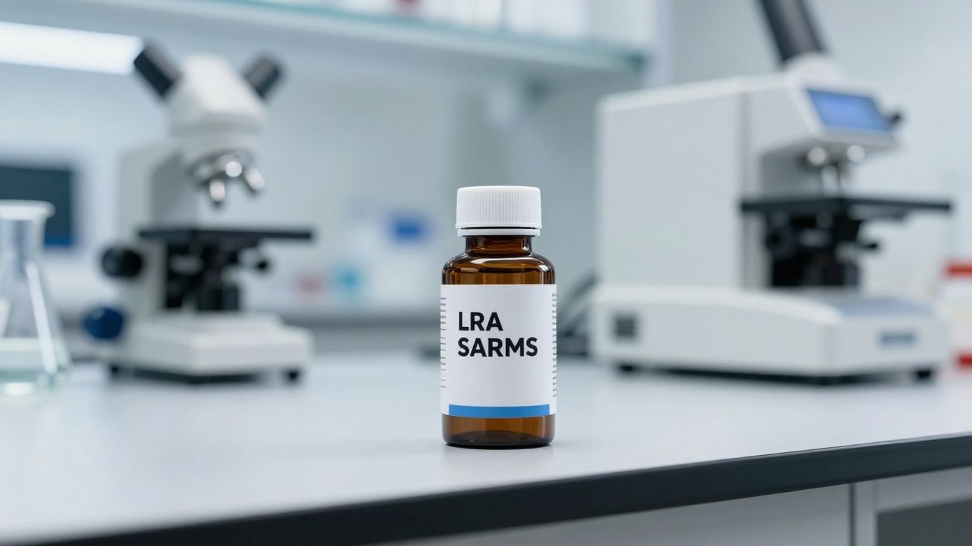 LRA SARMS product bottle in a lab setting.