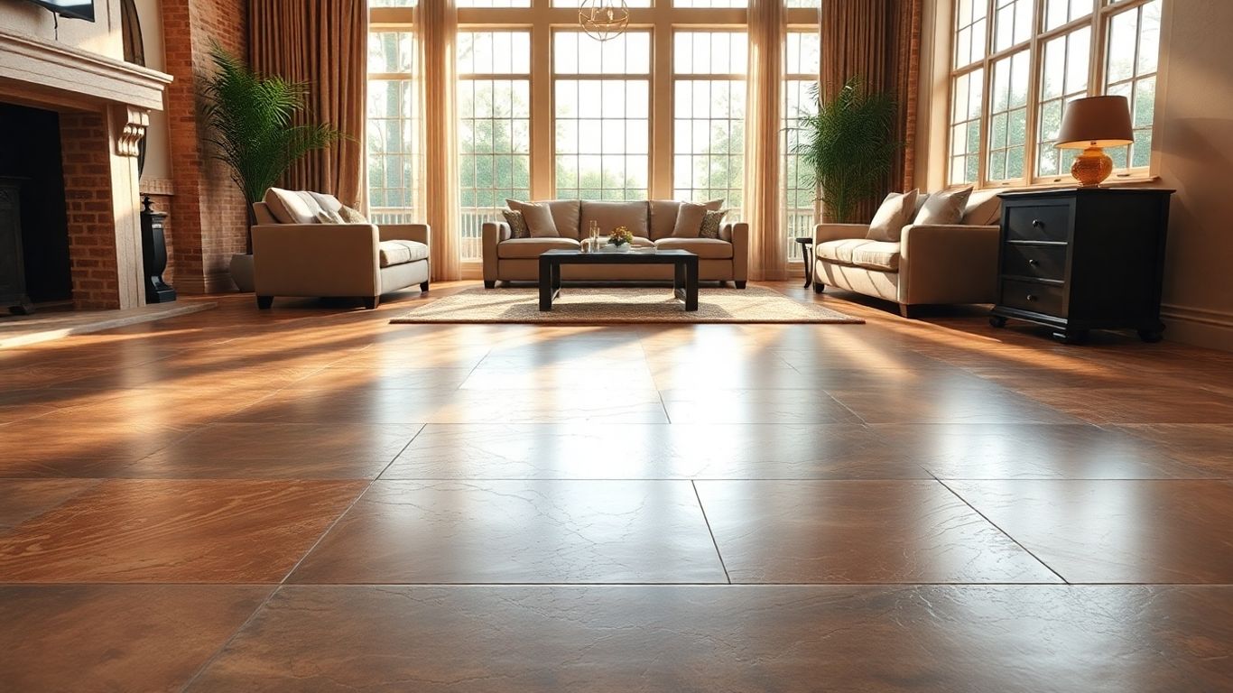 Elegant natural stone flooring in a sunlit living room.