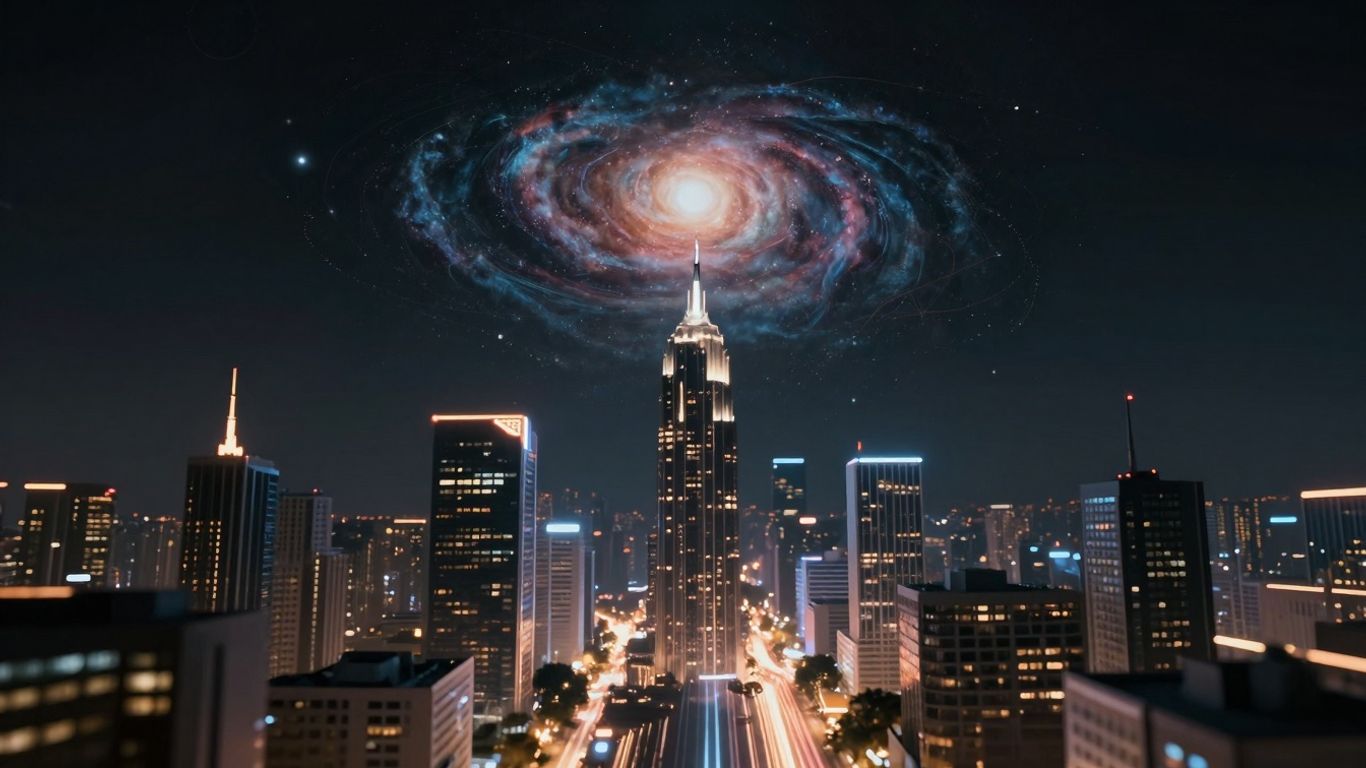 Futuristic cityscape with digital streams and galaxy motif.