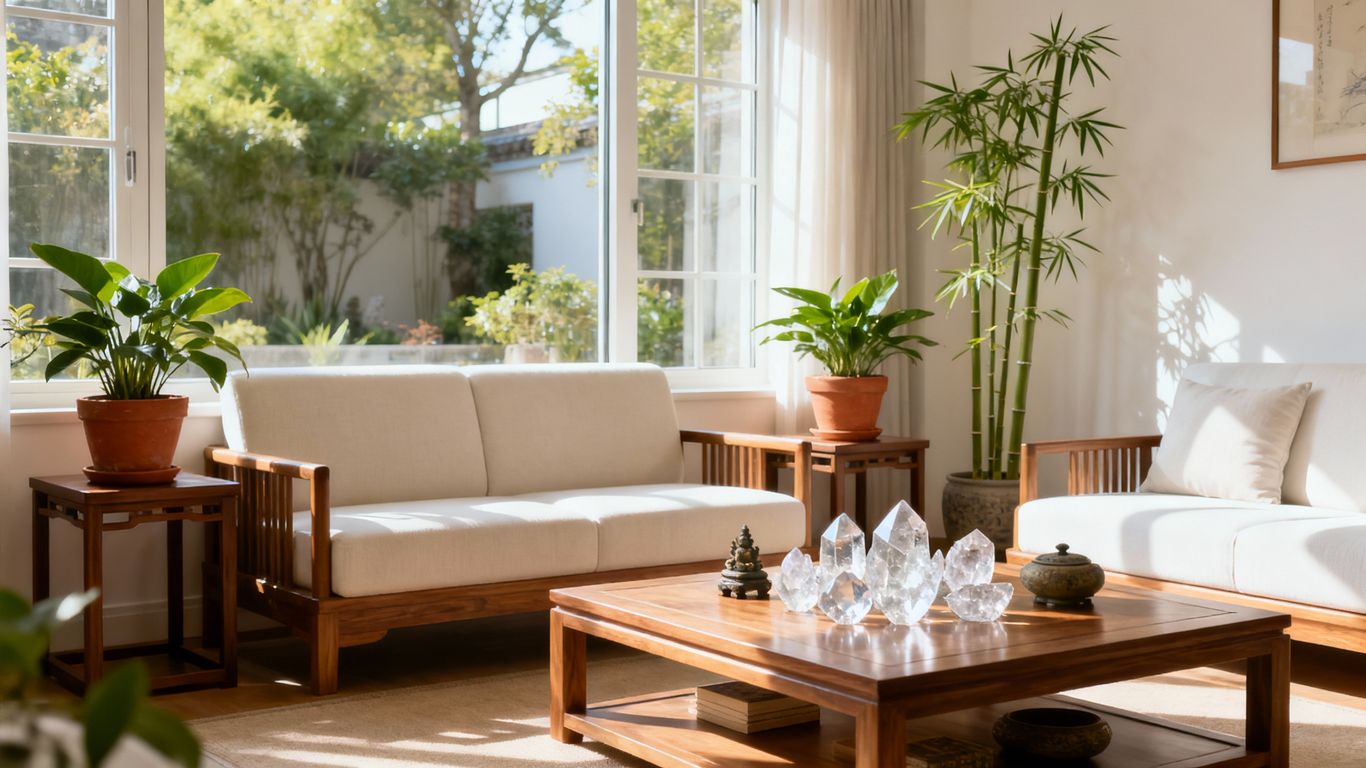 Modern home interior with feng shui decor and plants
