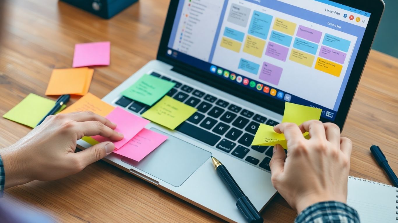 Lehrkraft plant Unterricht mit digitalen Werkzeugen und Notizen.