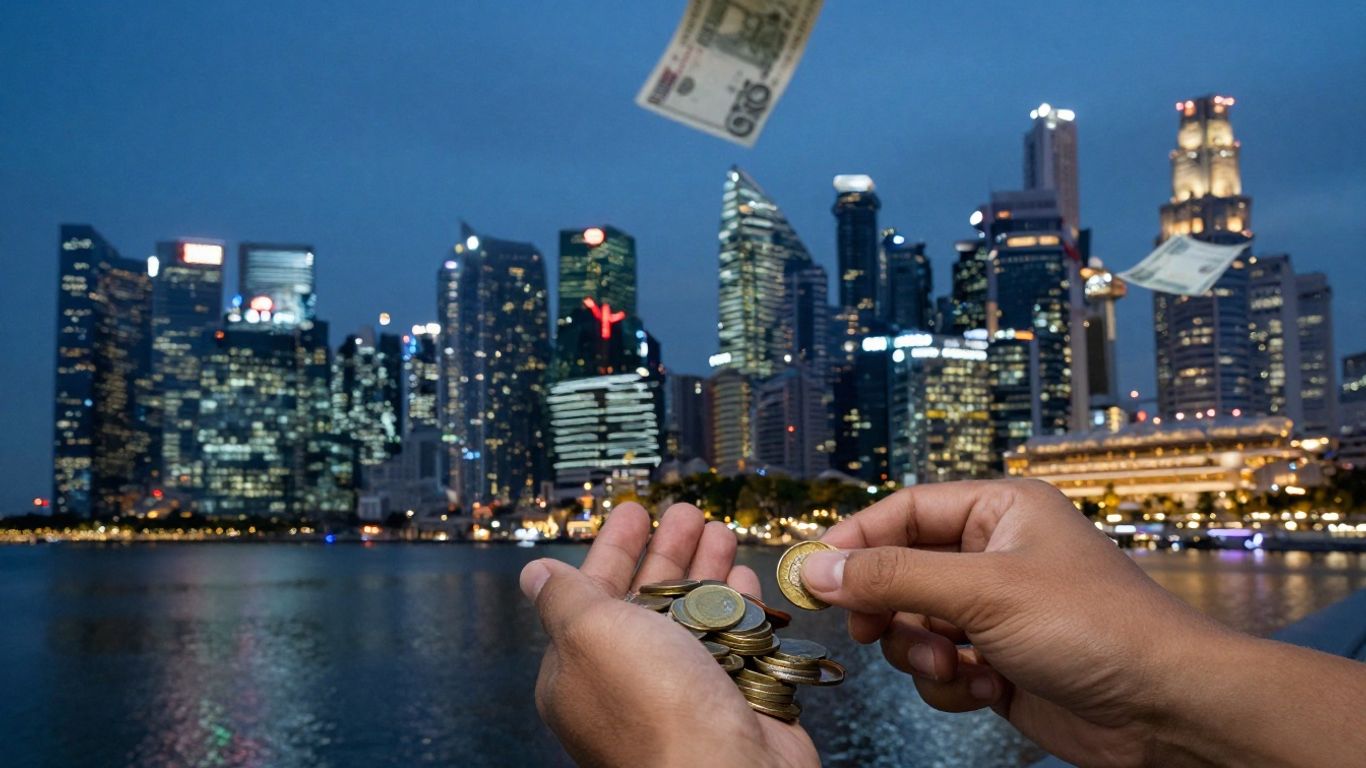 Singapore skyline with person counting coins.
