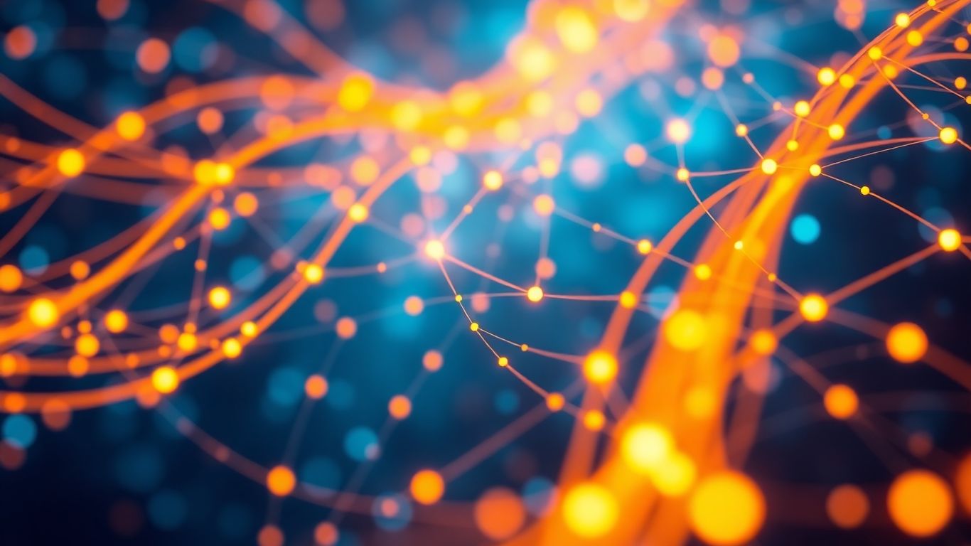 Abstract digital network with glowing nodes.
