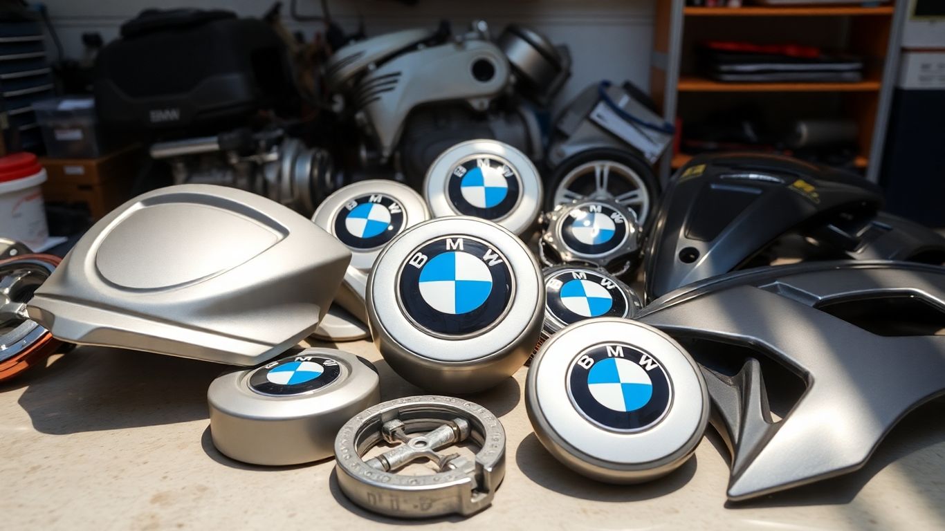 Genuine BMW spare parts laid out for purchase.
