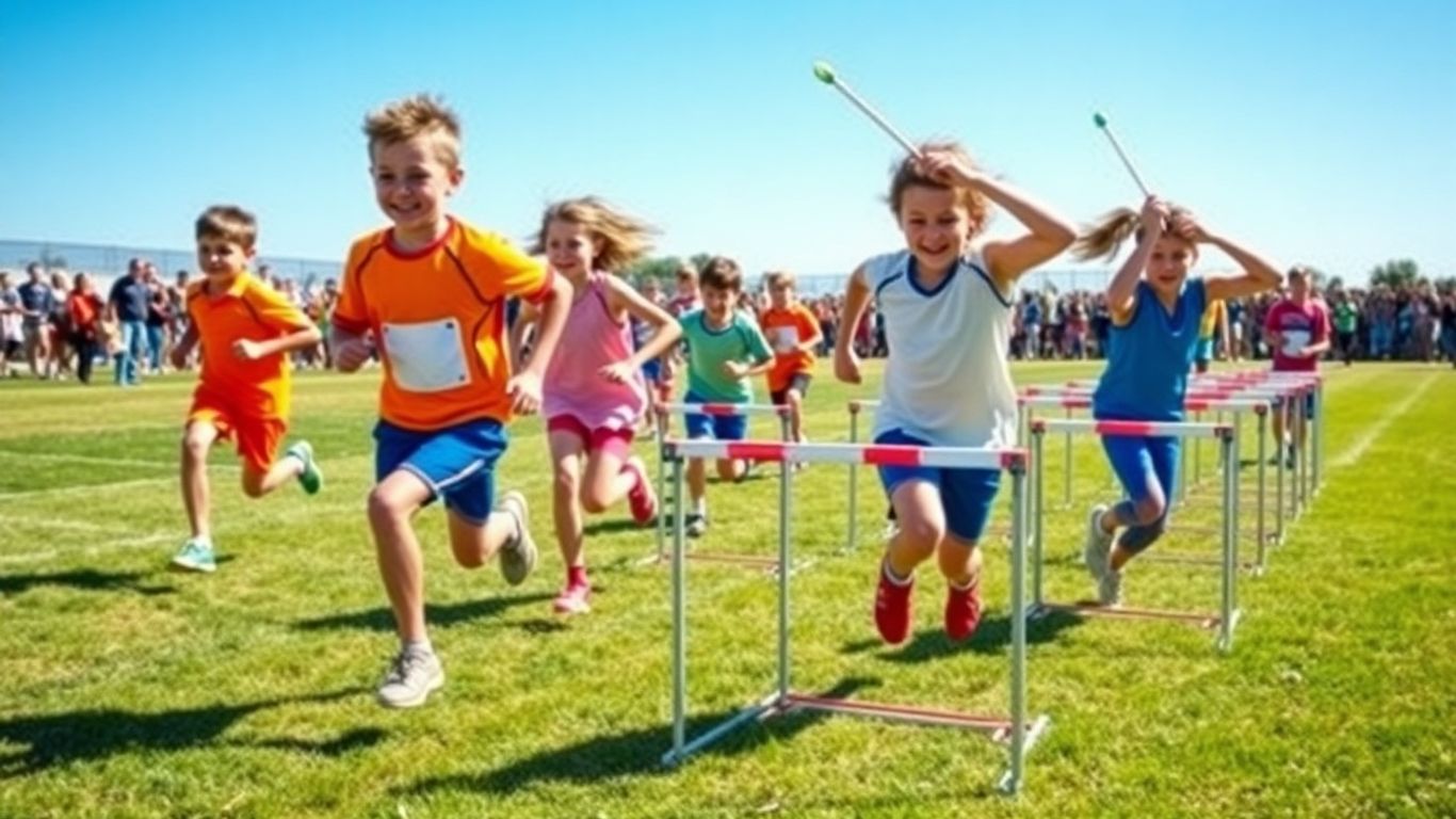 Young athletes competing in various track and field events.