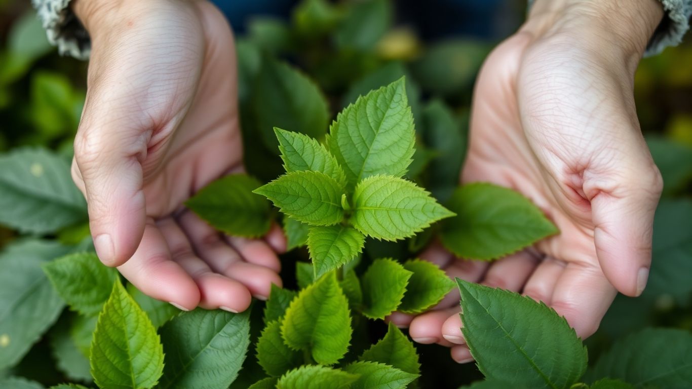 Hands placing a green leaf into a pile of leaves.