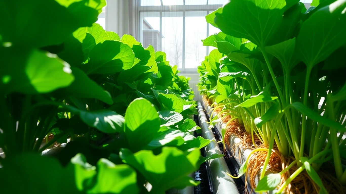 Lush green vegetables growing in a home hydroponic system.
