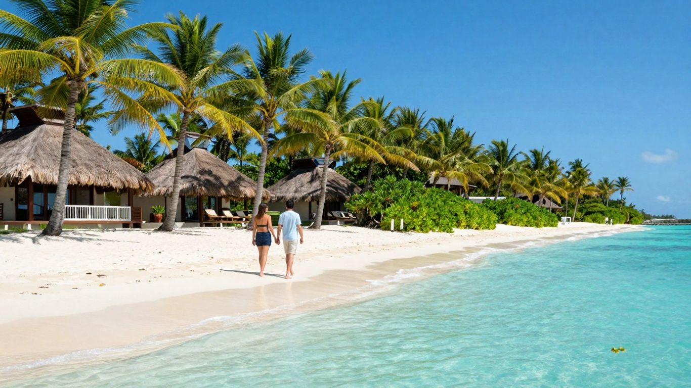 Couple walking on a tropical beach with clear blue water.