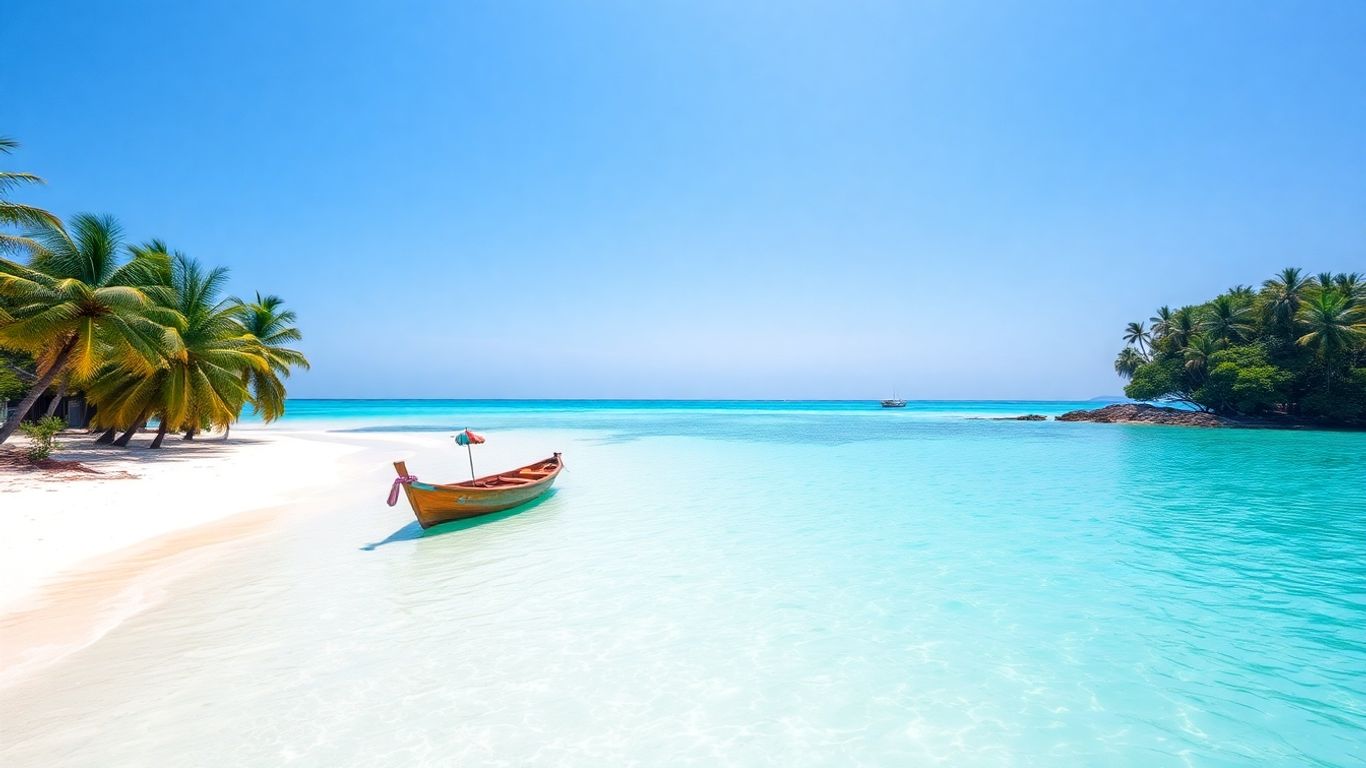 Tropical Indonesian beach with white sand and turquoise water.
