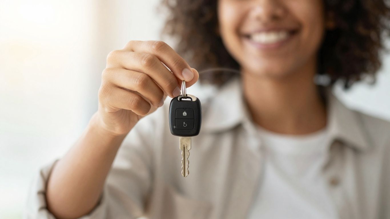Person holding car and house keys, symbolizing insurance savings.