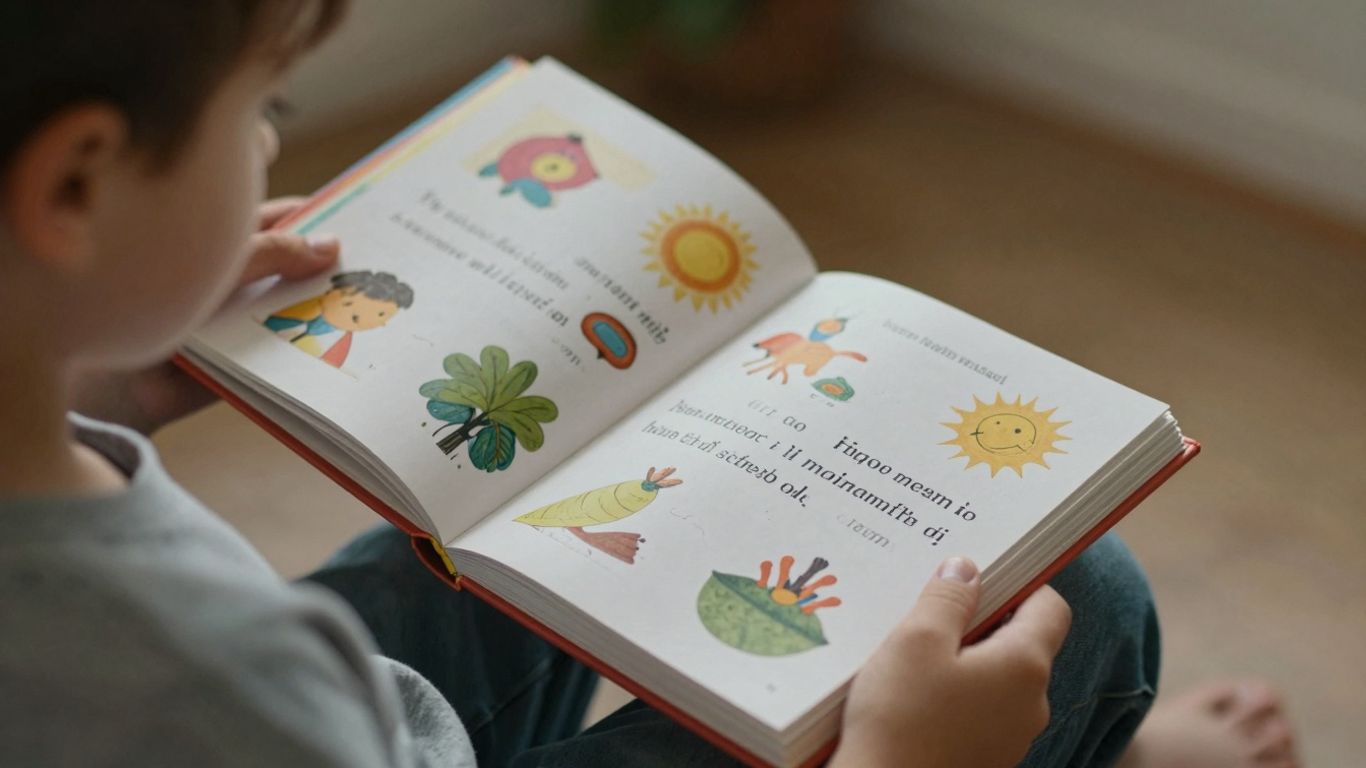 Child's hands holding an open book with simple words.