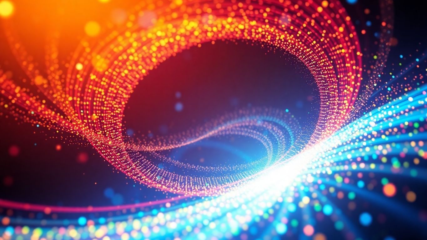 Digital light particles expanding outwards, symbolizing reach.