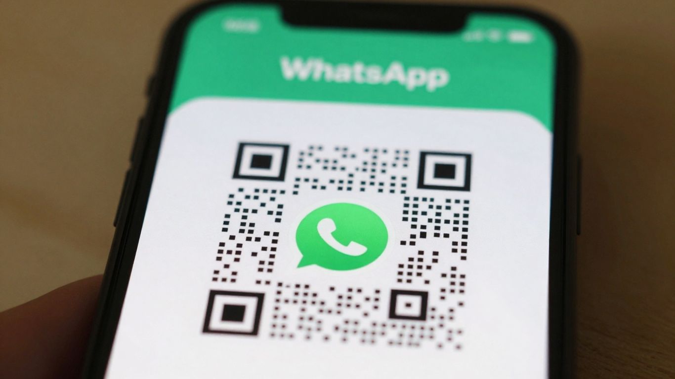 WhatsApp QR code on a smartphone screen.