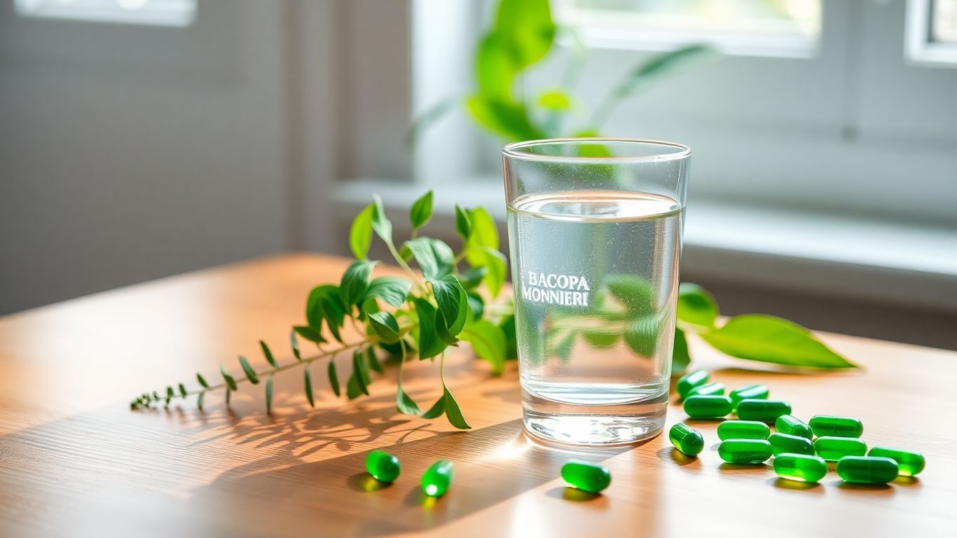 Bacopa Monnieri capsules with water in morning light