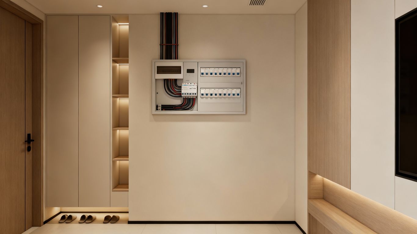 Modern home electrical panel with organized wiring visible