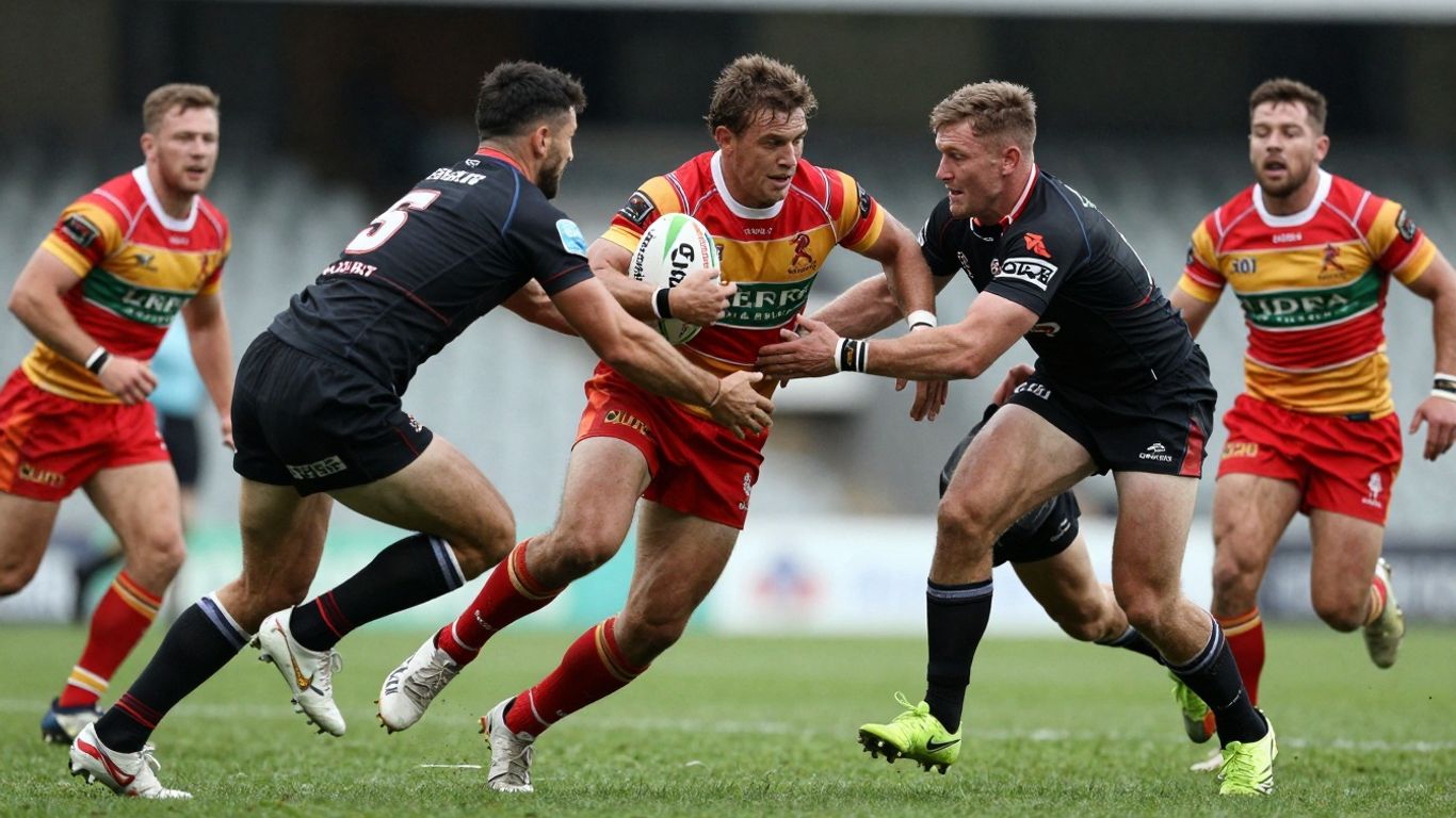 Rugby league players in action during a match.