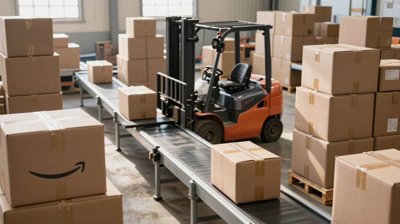 Amazon warehouse with products and forklift.