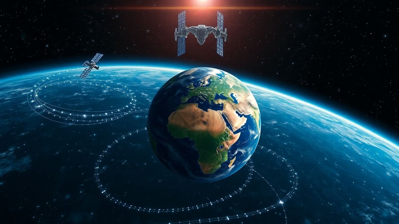 AI presence watching satellites and data streams above Earth