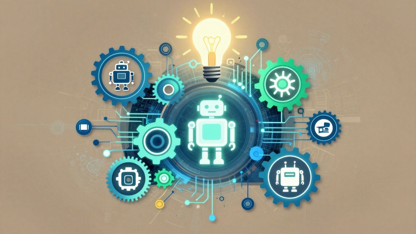 AI automation tools infographic with robots and circuits.