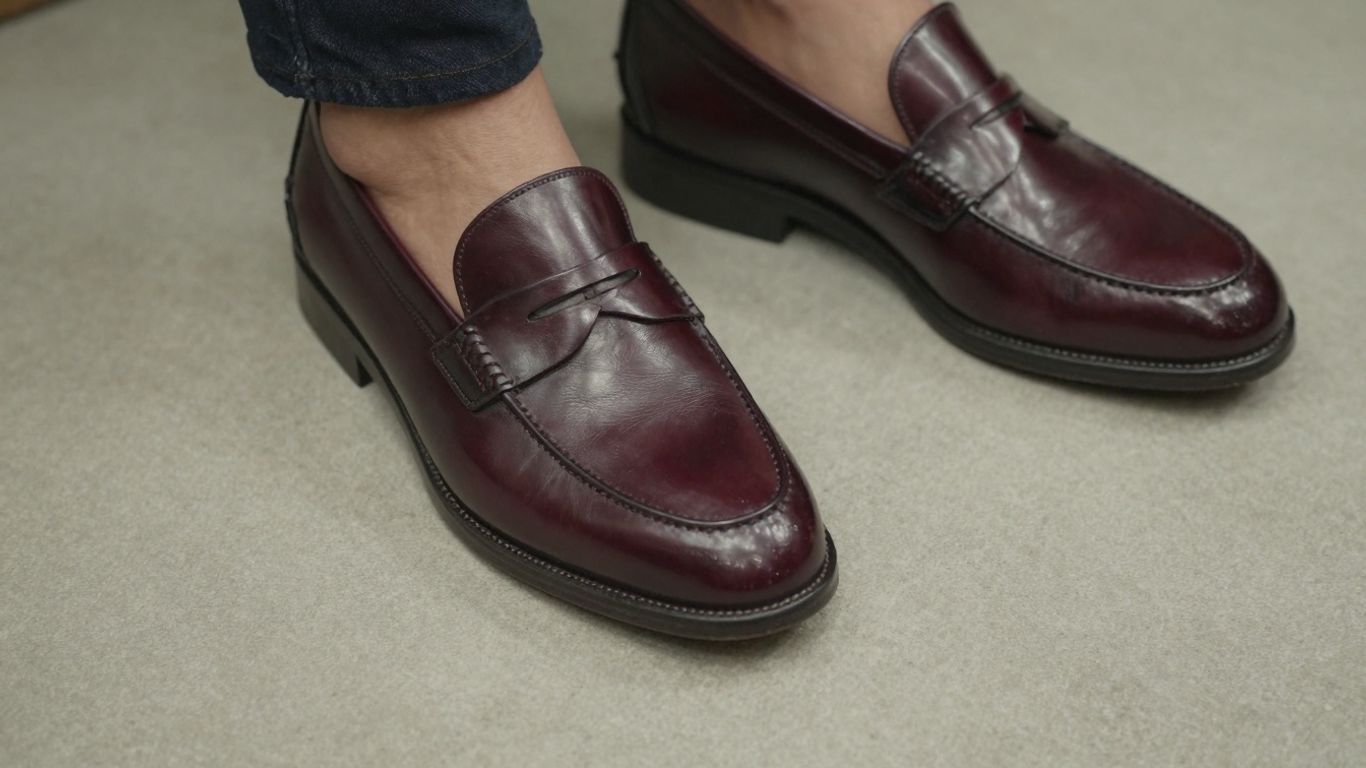 Burgundy cordovan penny loafers with a polished sheen.