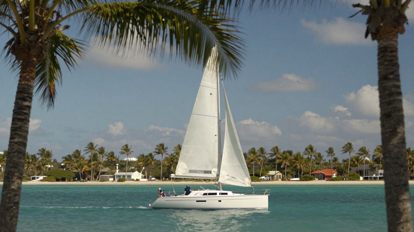 Sailboat on Florida waters near palm-lined shore.