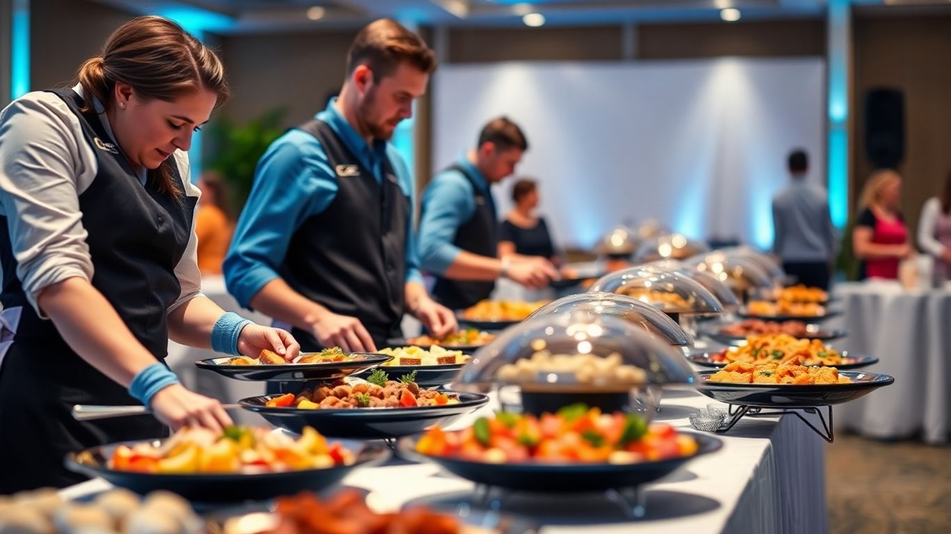 Große Events flexibel abdecken: Wie ein Gastronomiebetrieb mit Werkvertrag Kosten senkte Catering-Team arrangiert Speisen bei einem Event mit blauen Akzenten.