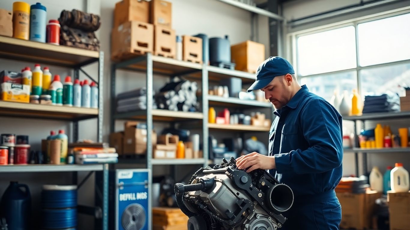 Mechanic inspecting auto parts in warehouse