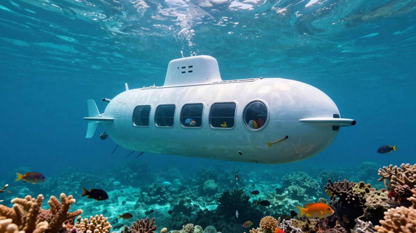 Private submarine exploring vibrant coral reefs with marine life.